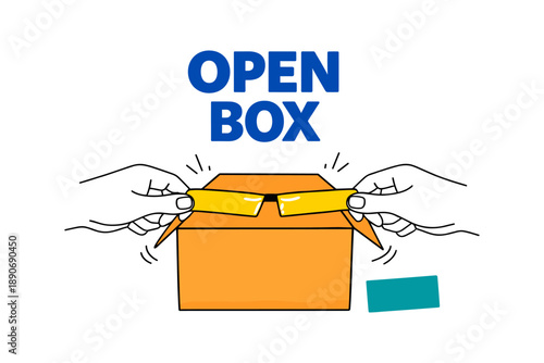 Hands opening an orange box with text open box on white background