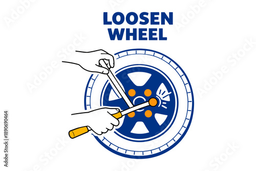 Hands loosening car wheel with wrench tools illustration