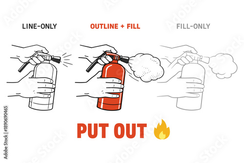 Fire extinguisher handling techniques illustrated with line and fill styles