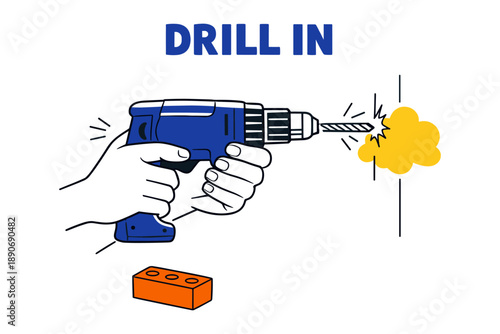 Illustrated hands using electric drill on wall with brick