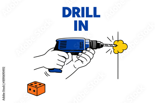 Hands using electric drill on wall with dice illustration
