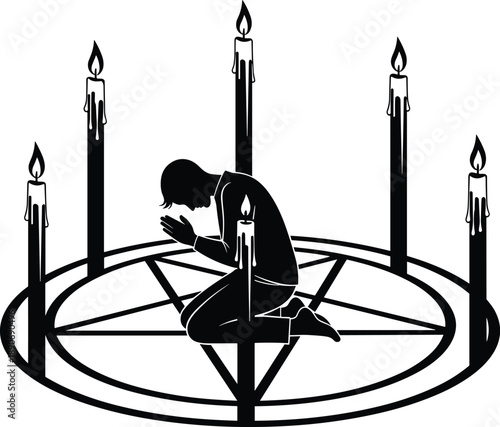 Silhouette of person kneeling in ritual circle with candles and pentagram, symbolizing spiritual ceremony, mysticism, and occult practice in dramatic black style.