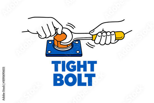 Hands tightening bolt with wrench on metal plate