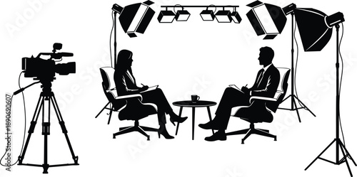 Silhouette of professional interview studio setup with camera, lighting equipment, journalist and guest conversation scene for media production, television talk show, podcast recording concept