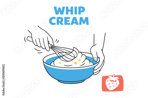 Hands whipping cream in bowl with whisk and strawberry icon