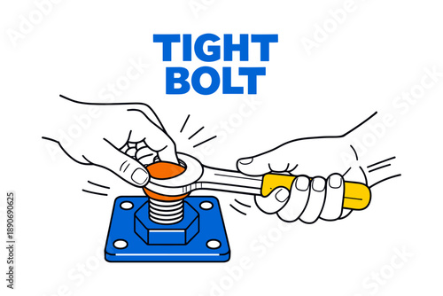 Hands using wrench to tighten bolt on blue metal surface