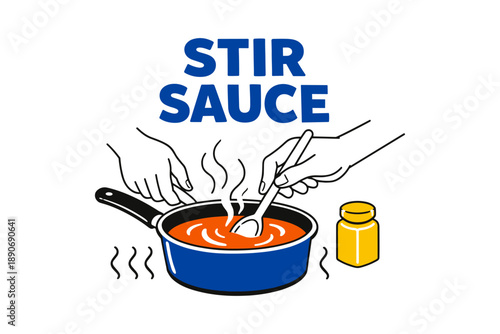 Hands stirring sauce in pot with spice jar illustration