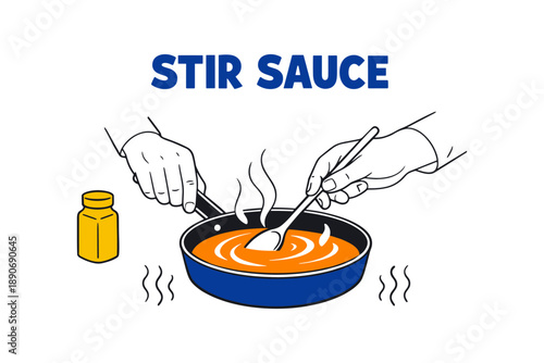Hands stirring sauce in pan with bottle on side