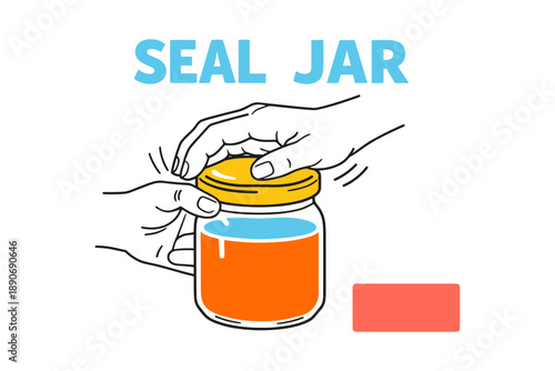 Hands sealing jar with orange liquid and yellow lid illustration