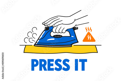 Graphic of iron pressing clothes with steam and heat icon