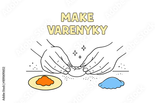 Hands preparing varenyky with ingredients on table