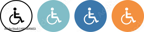 Wheelchair accessibility icons in colored circles showing disabled symbol for inclusive mobility healthcare signage design