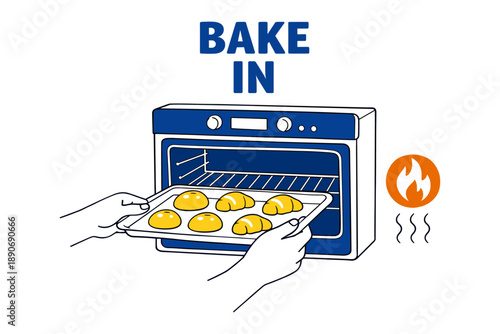 Hands putting tray of croissants into oven for baking