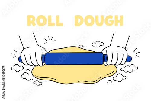 Hands rolling dough with blue rolling pin on floured surface