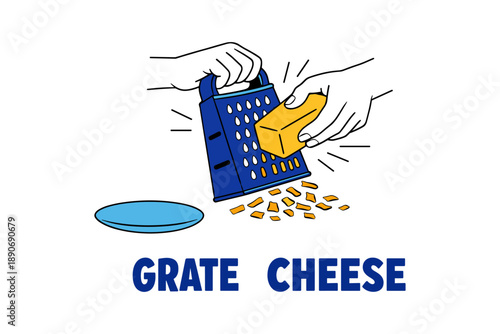 Hands grating cheese with blue grater onto plate in simple illustration