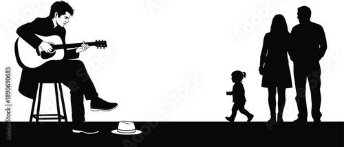 Silhouette of street musician playing guitar with audience including child and adults, capturing emotional public performance and urban artistic connection in black and white.