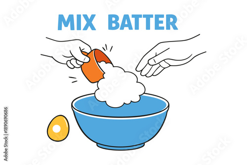 Hands mixing batter in bowl with egg ready for baking
