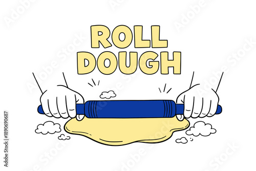 Hands rolling dough with blue rolling pin and flour clouds