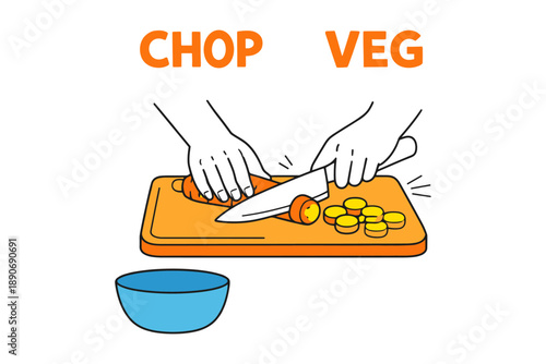 Illustrated hands chopping vegetables on cutting board with bowl