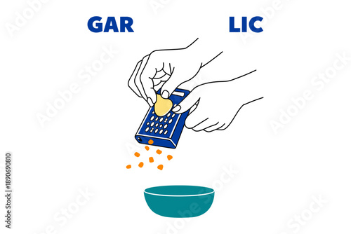Illustrated hands grating garlic over bowl