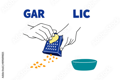 Illustrated hands grating garlic over bowl with text