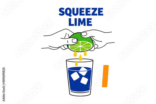 Hands squeezing lime into blue drink with ice cubes