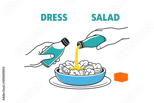 Hands pouring dressing on fresh salad in bowl