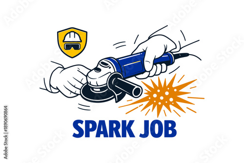 Worker using electric grinder with sparks and safety gear icon