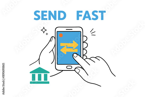 Mobile payment transfer concept with arrow icons and bank building symbol