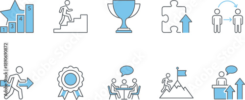 Set of business success and teamwork icons representing growth achievement leadership communication motivation and goal progress concepts