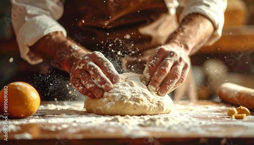Artisan Baker Kneading Dough with Flour on Wooden Table.