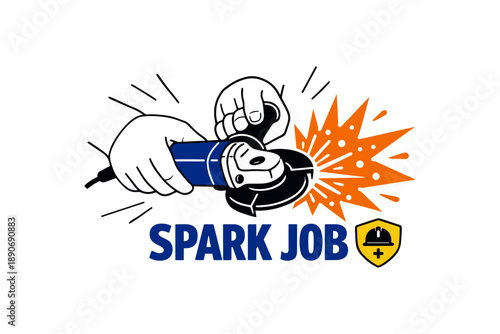 Cartoon hand using angle grinder with sparks and safety icon design
