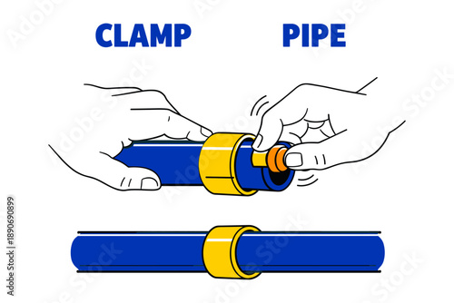 Hands fixing a pipe with clamp technique for secure fitting
