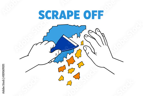 Illustration of hands peeling off adhesive shapes and scrape off text