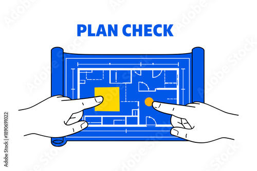 Blueprint inspection with hands pointing to building layout on plans