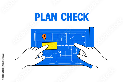 Plan check blueprint hands pointing to architectural details