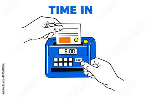 Time card punch clock illustration with hands and paper punching in at 8:00 am
