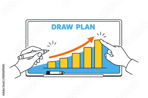 Business growth strategy: hands planning with graph and arrow on interactive board