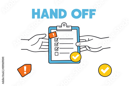 Hands passing clipboard with checklist and alert symbols