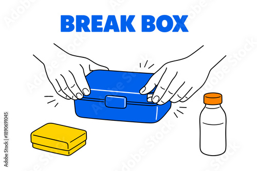 Pair of hands opening lunch box with bottle and sandwich