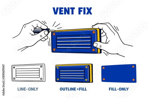 Vent fix guide with line, outline, and fill illustrations for maintenance
