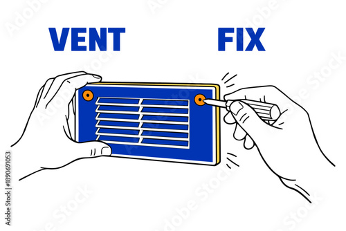 Hands repairing vent panel with screwdriver in illustration