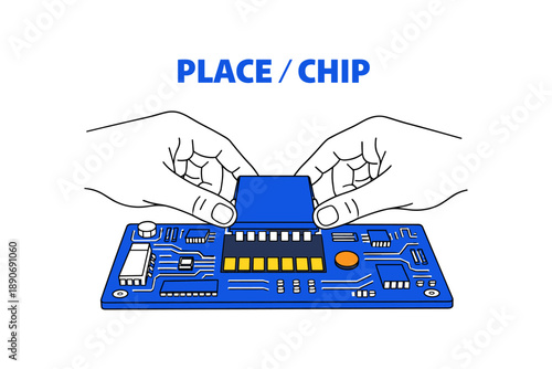 Hands placing computer chip on circuit board
