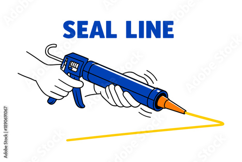 Hands using blue caulking gun for sealant application with yellow line