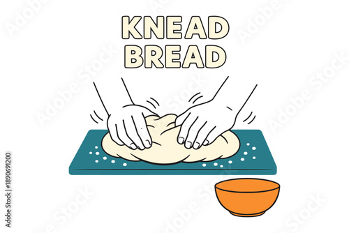 Hands kneading bread dough on a cutting board with orange bowl
