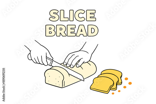 Hands slicing bread loaf with knife in simple illustration style