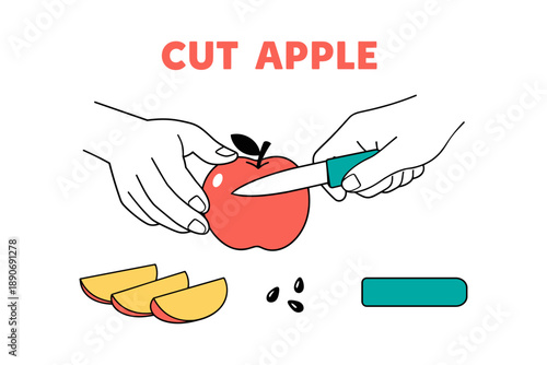 Hands slicing red apple with knife: simple fruit preparation illustration