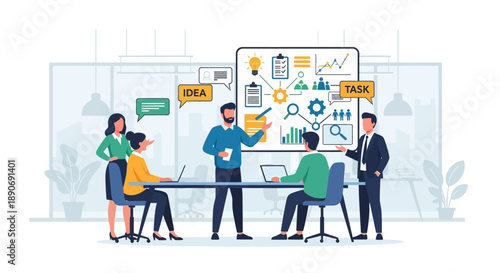 Business Team Meeting with Presentation Board.