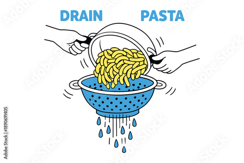 Hands draining pasta through blue colander with water drops illustration