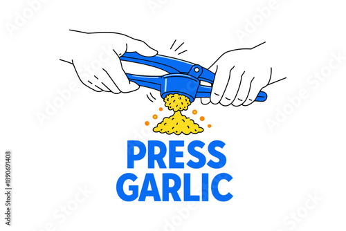 Hands using garlic press with freshly minced garlic on white background